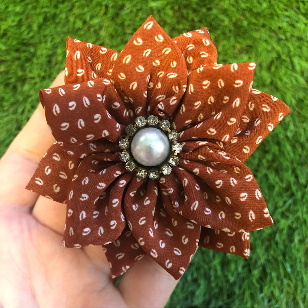 Floral 70s Style Hair Pin with Faux Pearl center Burnt a orange one size